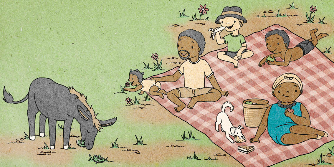 The family sits on a red and white checked picnic blanket and eat their snacks.