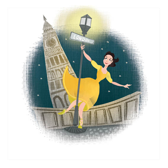 Wearing a beautiful yellow dress, a teenage Phyllis twirls around a street sign in London. Big Ben is seen in the background.
