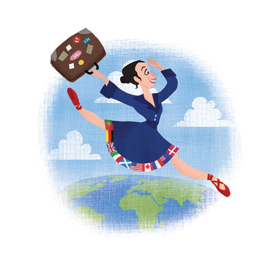 Phyllis carries a suitcase and leaps across Earth. She wears a dress fringed with flags from around the world.