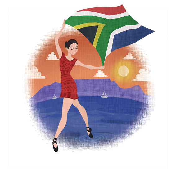 Phyllis holds a South African flag in her arms. She wears an African-inspired dress and Table Mountain can be seen in the background.