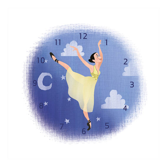Phyllis dances with a clock as the backdrop.