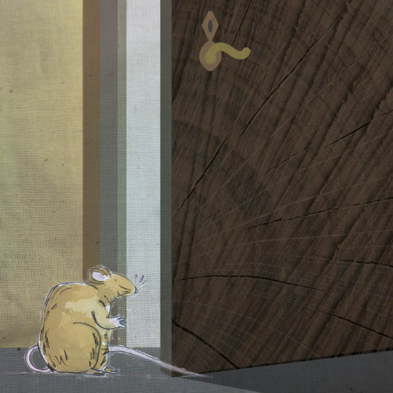 The front door is ajar. Mouse looks inside.
