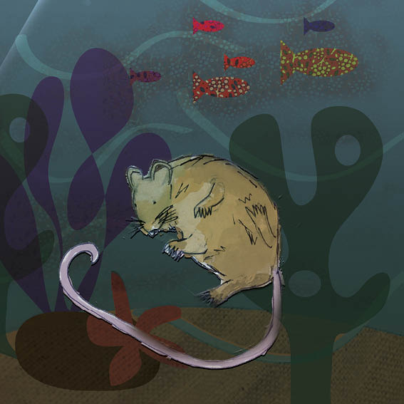 Mouse sleeps underwater surrounded by fish and seaweed.