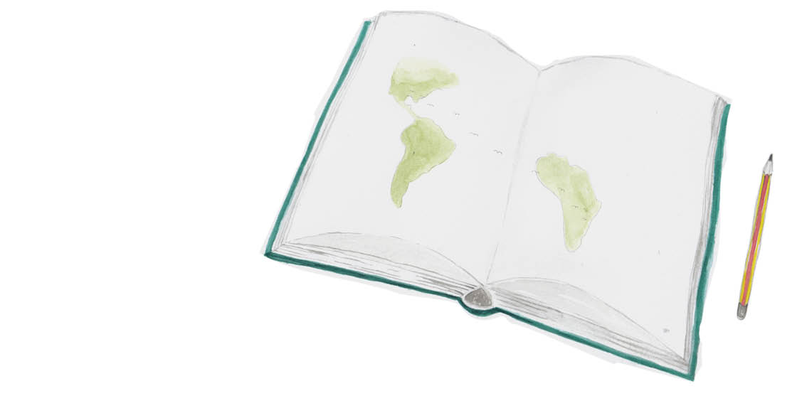 A copy book with drawings of the continents lies open on a table.