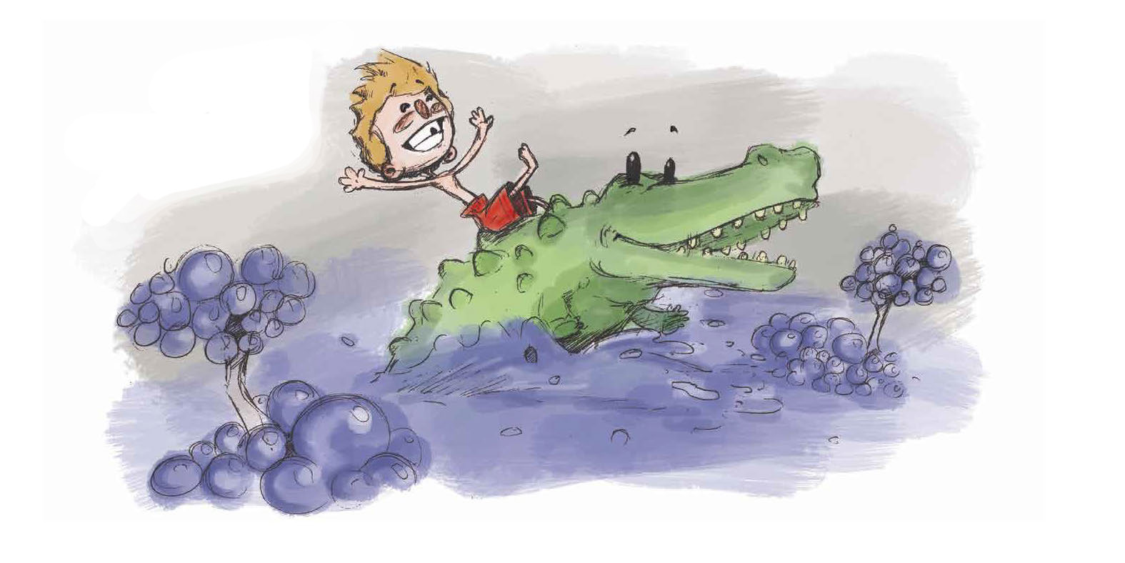 Jack gleefully rides on the back of a crocodile.