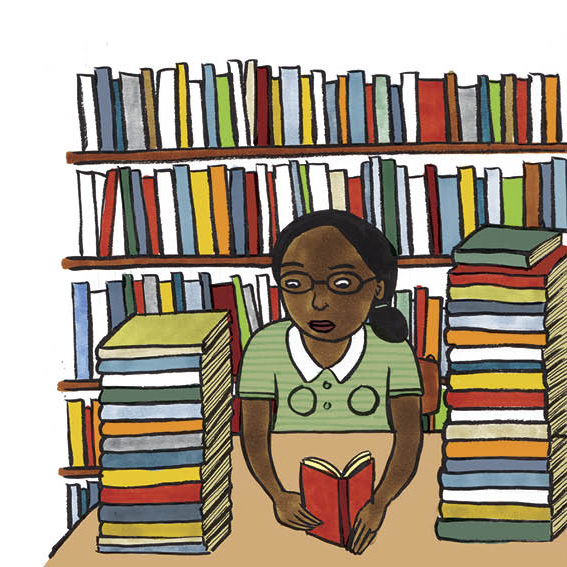 A bespectacled Graça sits at a library desk surrounded by books.