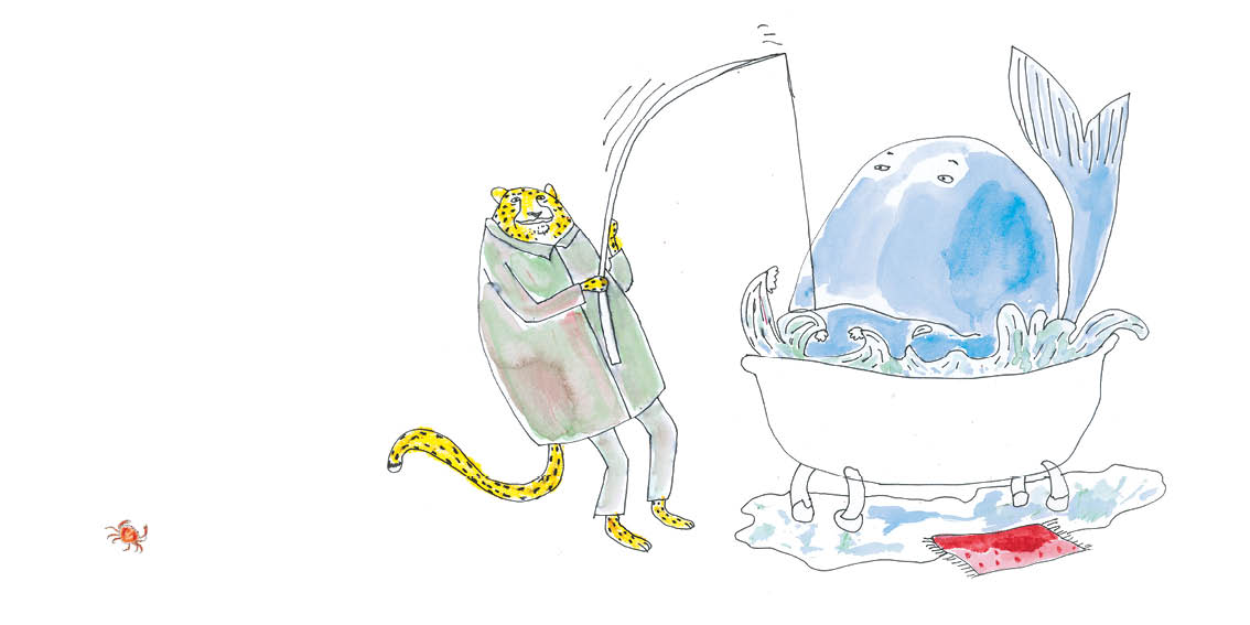 Grandpa Cheetah holds a fishing rod. He stands next to a whale in a bath.