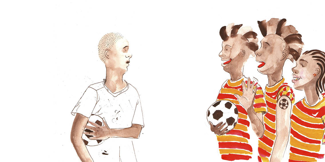 Rafiki wears his usual white shirt. The Cool Cat Crew wear red and yellow soccer shirts and zebra hairstyles.