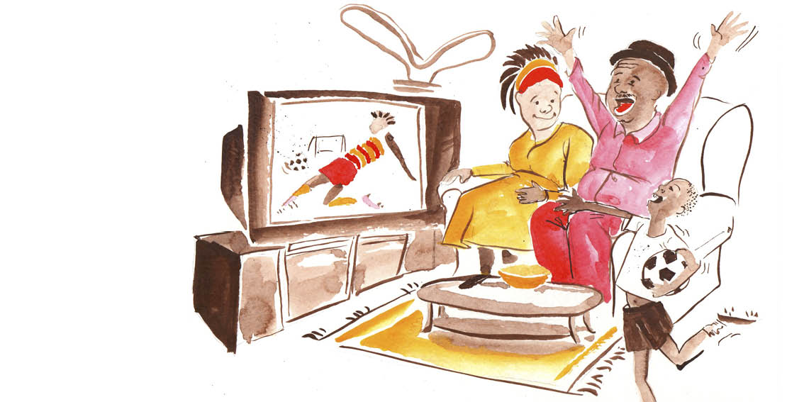 Rafiki watches soccer on TV with his aunt and uncle. The soccer player wears a red and yellow soccer shirt. His hair is stripey like a zebra.