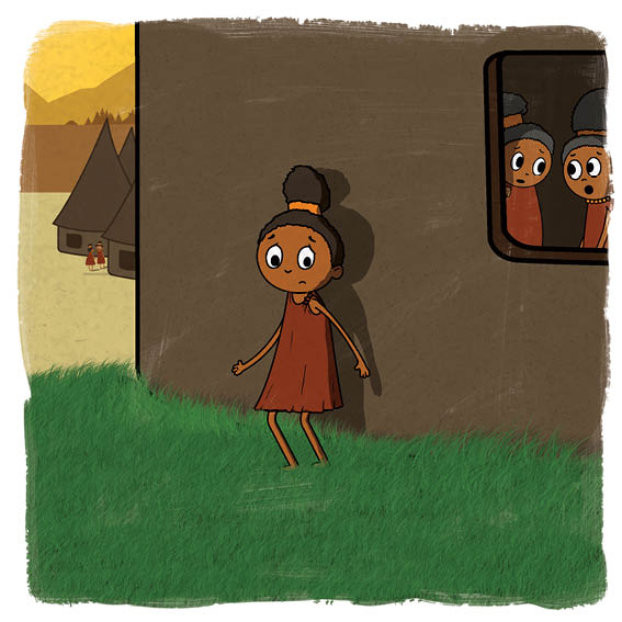 Nkanyezi stands outside a hut. She looks worried. Two women talk inside.