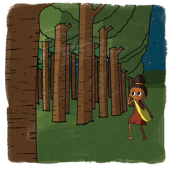 Nkanyezi walks through a forest of trees.