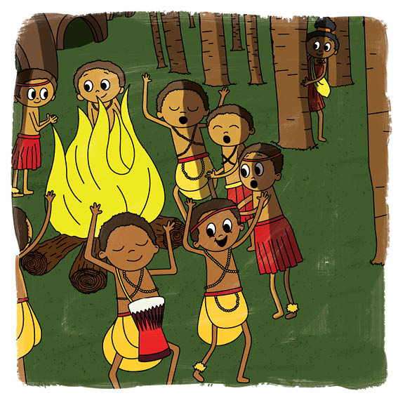 Nkanyezi stands behind a tree. She watches a tribe dance around a fire.
