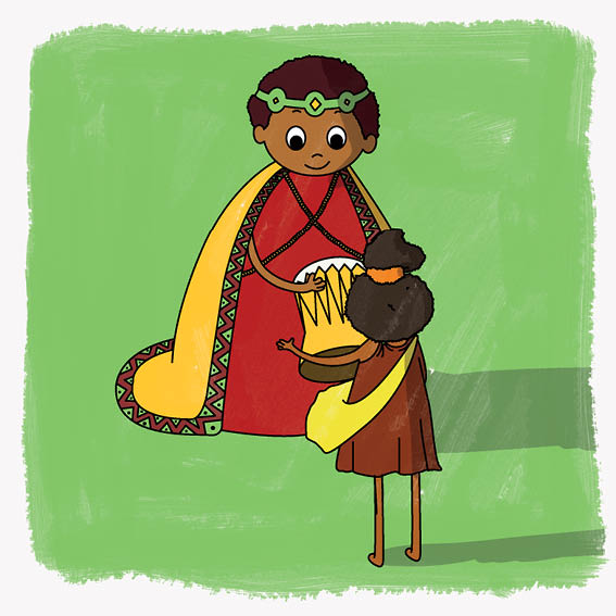 A royal woman hands Nkanyezi a drum.