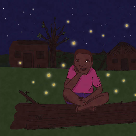 Sindiwe sits on a log. It is dark and there are stars in the sky.