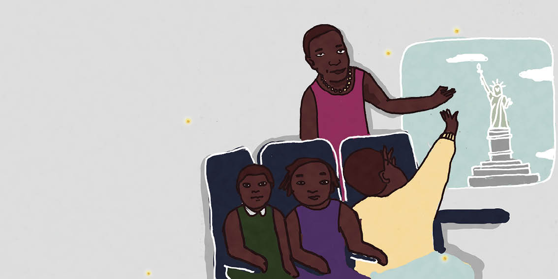 Sindiwe is on an aeroplane with her three children.