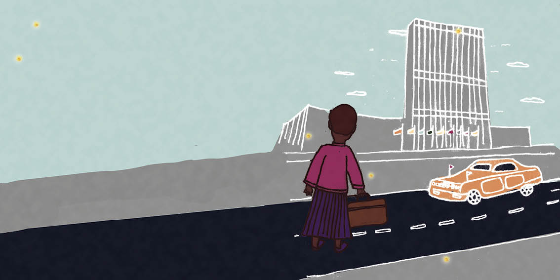Sindiwe carries a suitcase. She stands outside the United Nations building.