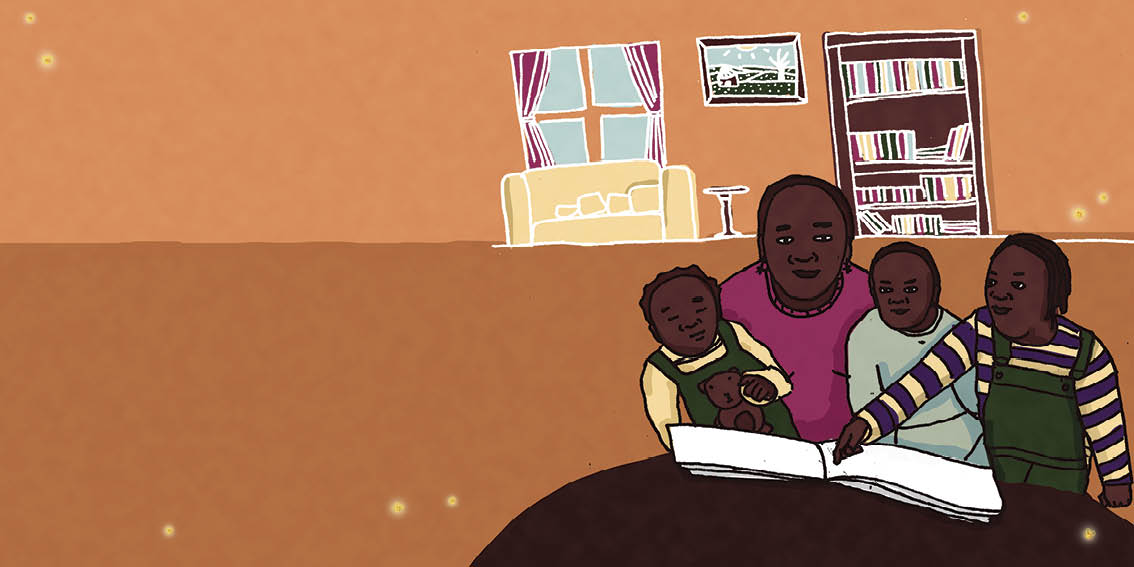 An old Sindiwe reads a story to three children.