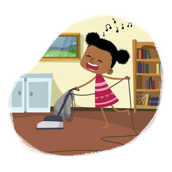 Little Miriam vacuums the carpet. She sings as she goes.