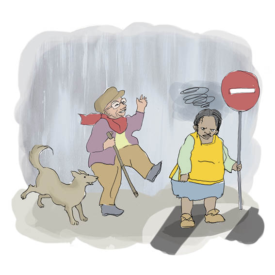 The old man and the dog walk together. Mrs Makabela stands at the pedestrian crossing. She is not smiling.