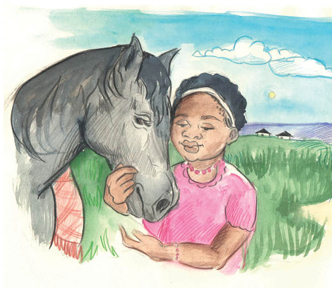 Ntsiki pets a horse in the field.