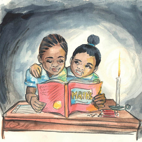 Albertina and her friend, Betty study Maths by the light of a candle.