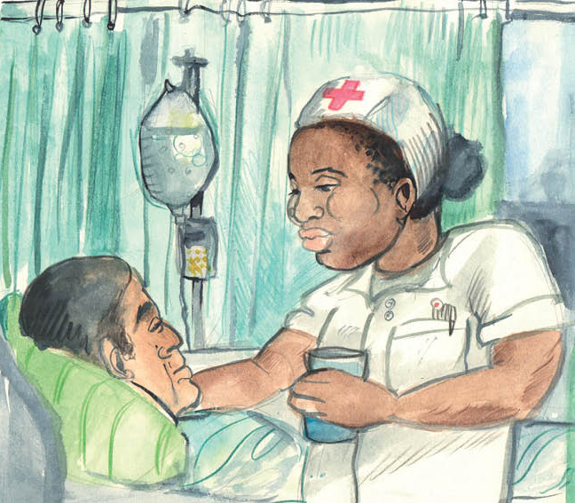 Albertina is a nurse. She cares for a patient in the hospital.