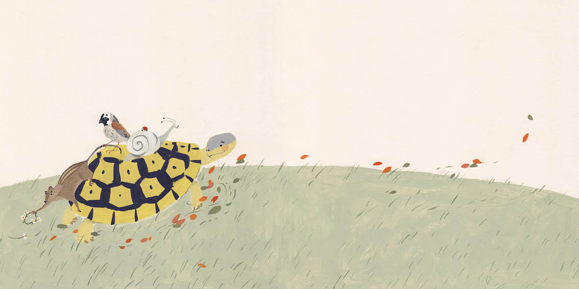Mouse climbs on Tortoise's back with the others. The wind blows the leaves and the daisy chain.