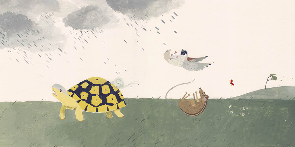 The wind gets stronger. The rain threatens. The animals all fly off Tortoise's back.