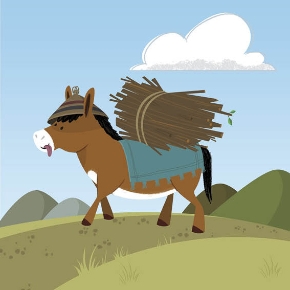 They see a donkey carrying sticks on its back. It also wears a traditional straw hat!
