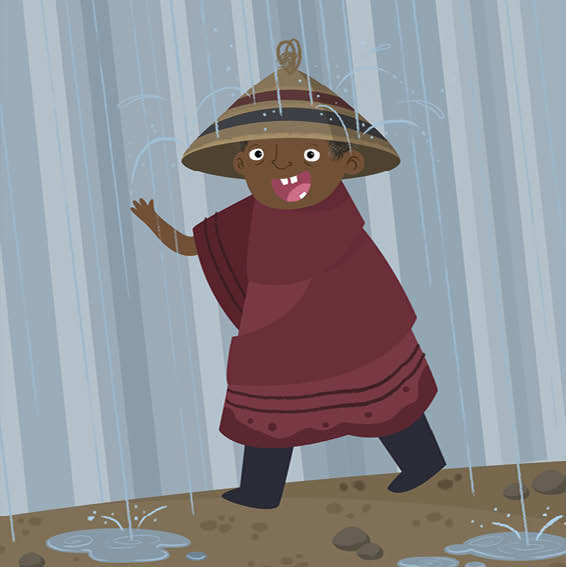 They see a man walking in the rain. He wears a traditional straw hat.