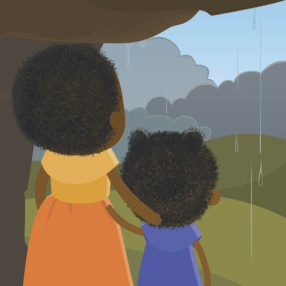 The mother and child stand under a rock and watch the rain fall.