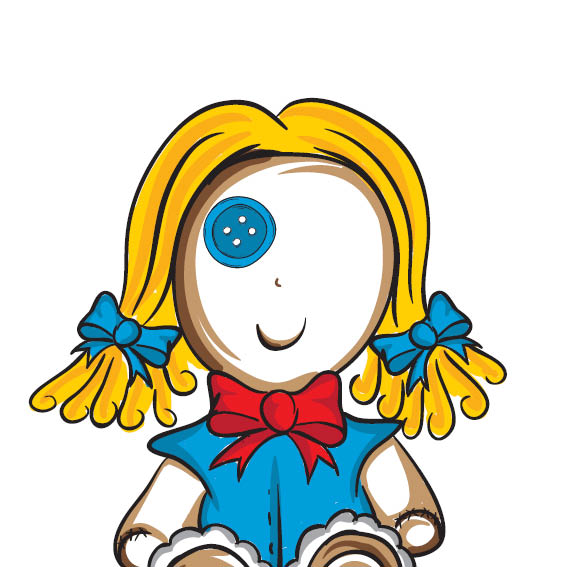Ruby Rags is a doll with buttons for eyes. She is missing one eye.