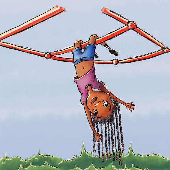 Nita hangs upside down from a jungle gym.