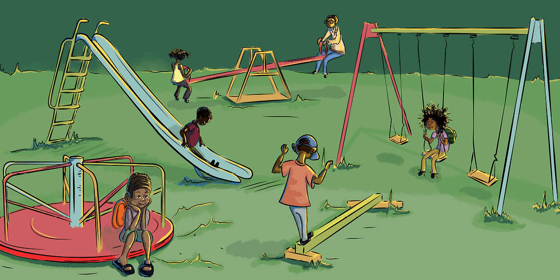 There are children playing on a slide, swings, a seesaw and a merry-go-round.