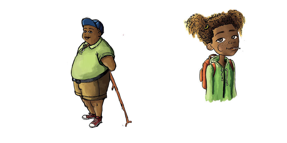 An overweight boy holds a stick. A girl with freckled cheeks sucks a lolly pop.