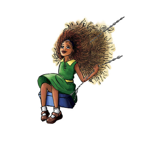 A girl with long bushy hair swings on the swing.