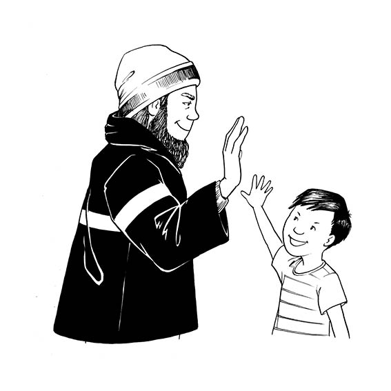 Yusuf and Papa high-five each other.