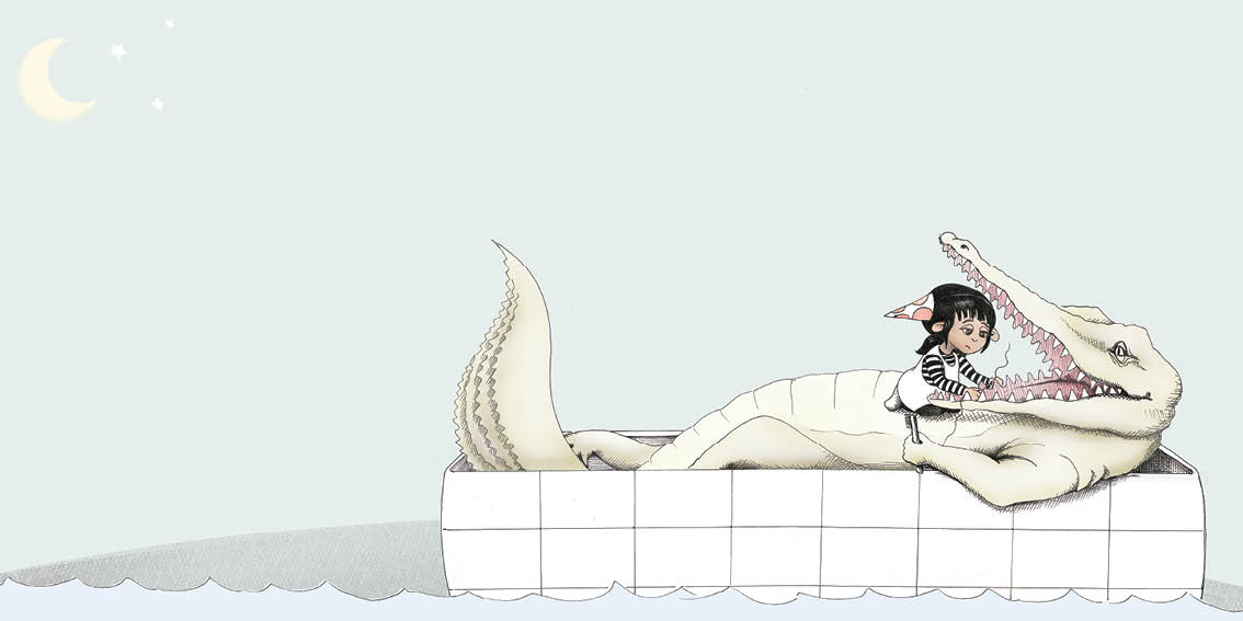 A giant crocodile lies in the bath. Maddy helps him floss his teeth.